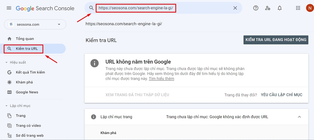 Cách submit URL lên Google chỉ trong 5 phút 11 Chọn vào tính năng Kiểm tra URL và dán URL cần submit