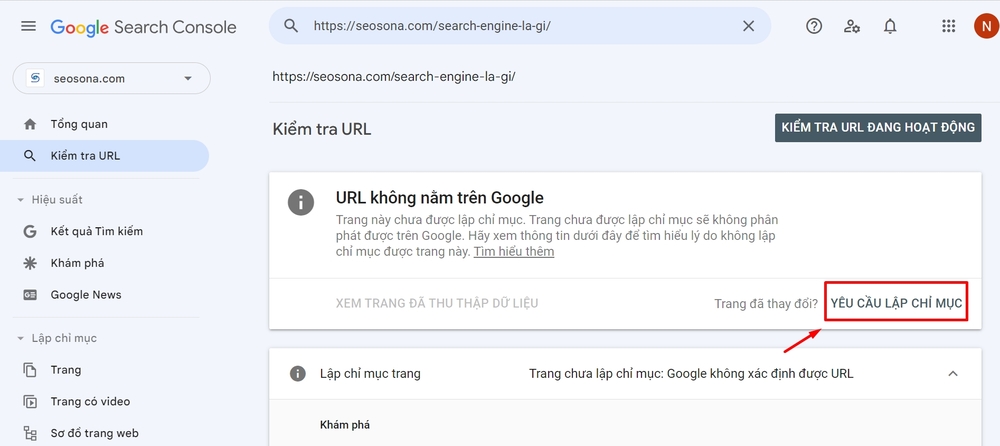 Cách submit URL lên Google chỉ trong 5 phút 12 Nhấn vào nút "Yêu cầu lập chỉ mục"