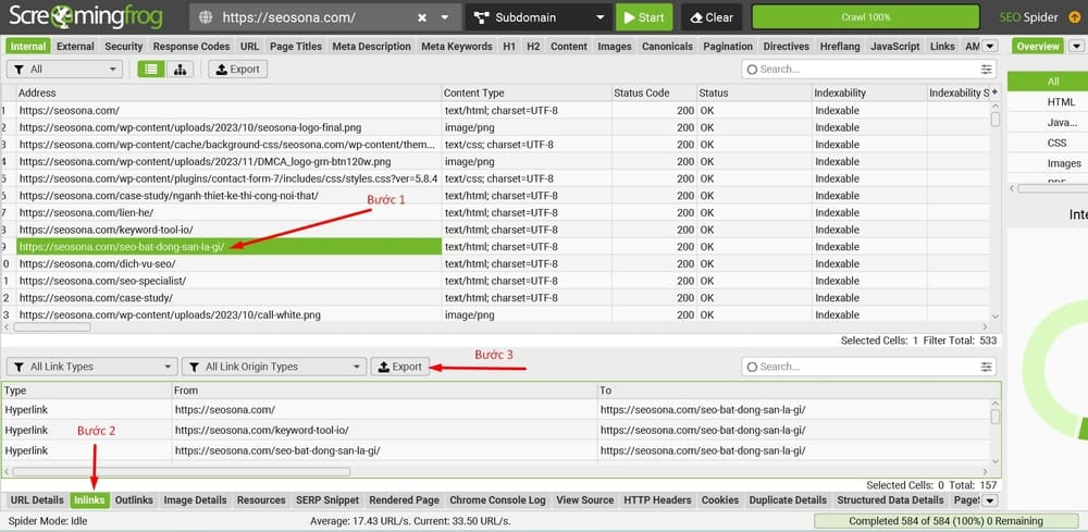 Internal link là gì? Cách xây dựng liên kết nội bộ chuẩn SEO 2025 46 Chọn vào URL muốn kiểm tra, sau đó chọn tính năng inlink và xuất ra file excel